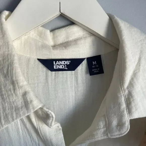 Lands End Dress 100% Cotton Gauzy White Midi Summer Short Sleeve Minimalist sz M - Picture 3 of 9